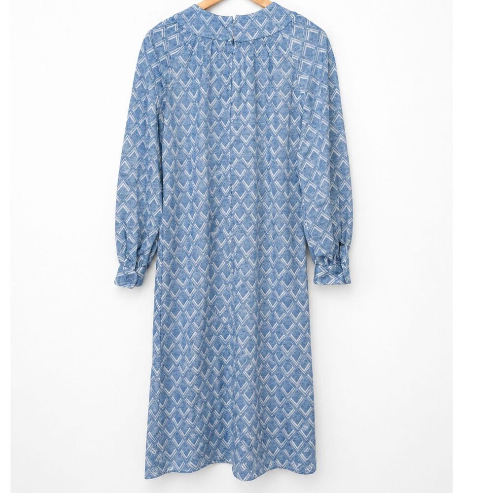 Vintage Handmade Blue Geometric Long Sleeve Midi Dress w/ Tie Waist - Picture 3 of 9